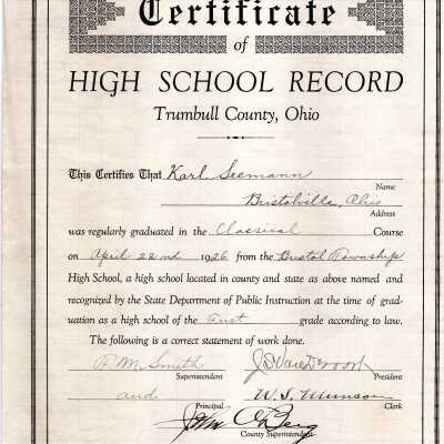 Certificate of Bristol High School Record, 1926