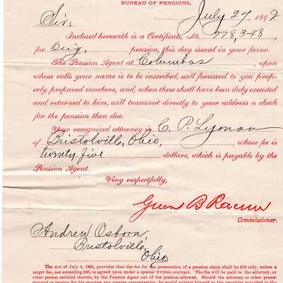 Bureau of Pensions document, 1892