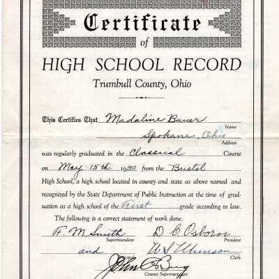 Certificate Bristol High School Record, 1930