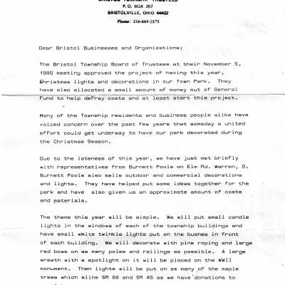 Letter from Bristol Trustees regarding Christmas Lightening, 1985