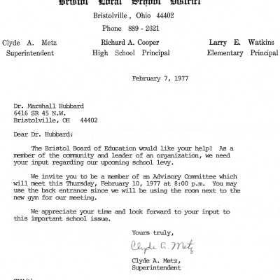 Letter, Bristol School, 1977