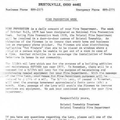 Letter, 1978 from Bristol fire department