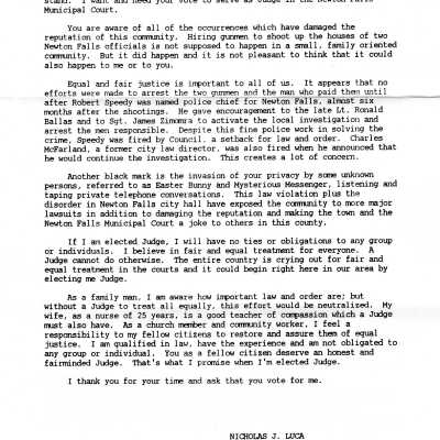 Letter, flyer for Nicholas Luca, for judge, 1993