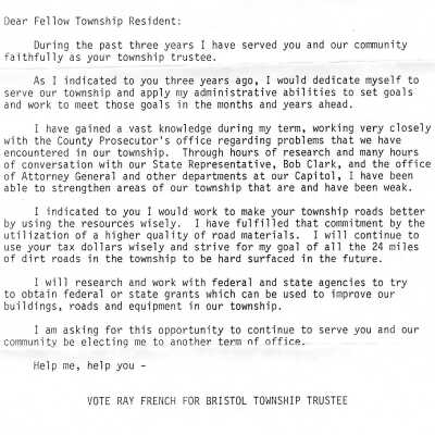 Letter to voters Bristol Township, 1985