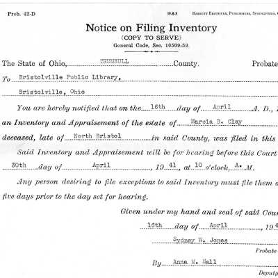 Notice on Filing Inventory, Bristol Library