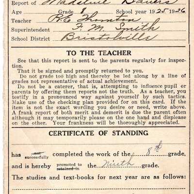 Report Card Bristol School,1925