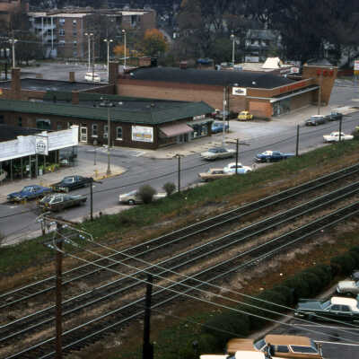 Aerial view of E. First St. from the roof of the Elmhurst National Bank Building