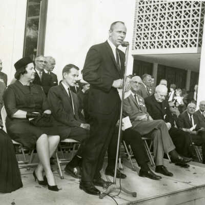 Mayor Charles Weigel, Jr. at Elmhurst Public Library addition ceremony 1965