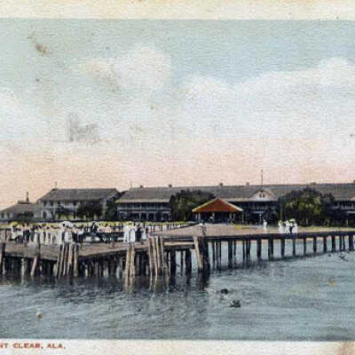 Guests on wharf at Grand Hotel, Point Clear, AL early 1900's post card -