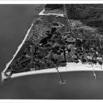 Aerial view of Grand Hotel on Point Clear, circa late 1950's - B&W photo