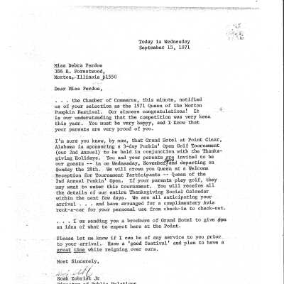 Letter to Miss Perdue, Miss Pumpkin 1971