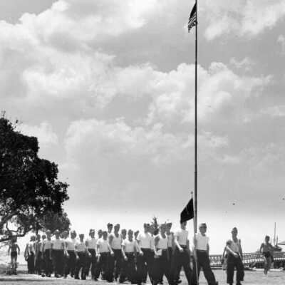 WWII Operation Ivory Soap - marching drill at Grand Hotel, adjacent to the hotel's fishing pier.