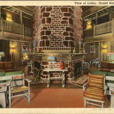 Main Building Fireplace Lobby post card - early 1940's