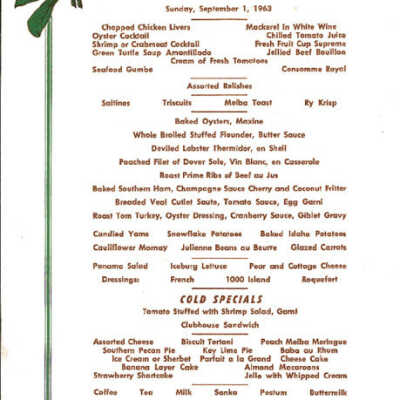 1963 Grand Hotel Sunday Supper menu