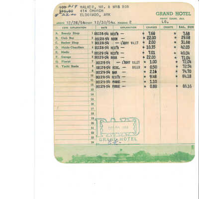 Grand Hotel guest ledger sheet from 12/28/1954 - 12/30/1954