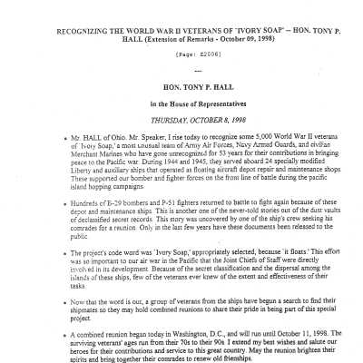 Operation Ivory Soap during WWII - Congressional Record tribute