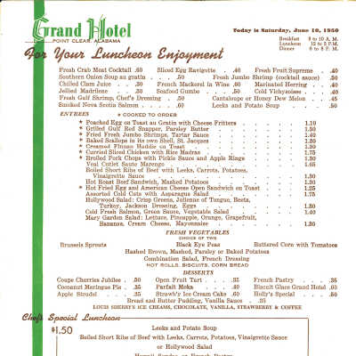 Menu June 1950