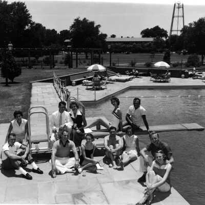 Pool deck and diving platform as enjoyed by younger hotel patrons - late 1950's Grand Hotel