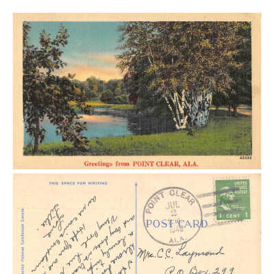 Post card from Grand Hotel, Point Clear, ALA dated July 2, 1949 - lagoon