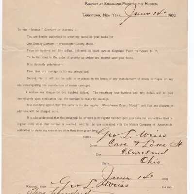 Automobile Order for George L. Weiss , 1900