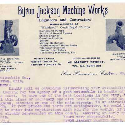 Note to Ohio Automobile Co from Byron Jackson Machine Works,1901