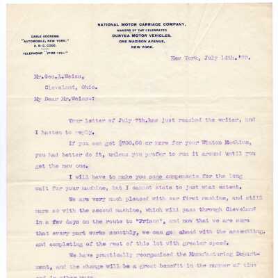 Letter to George L. Wiess from H.S. Winslow, 1899