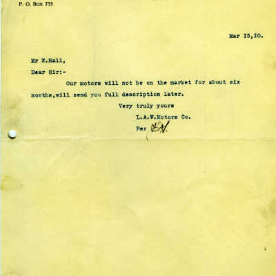 Letter from L. A. W. Motors Company