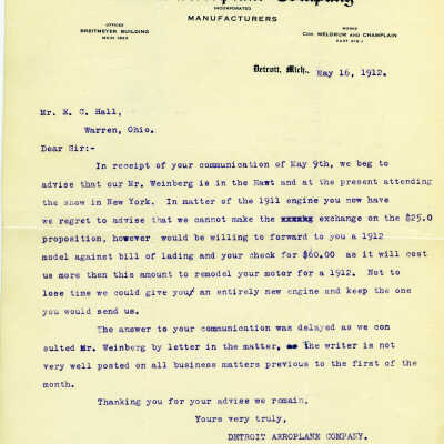 Letter from Detroit Aeroplane Company