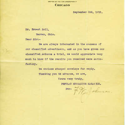 Letter from Popular Mechanics Magazine