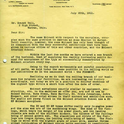 Letter from the Moisant International Aviators Incorporated
