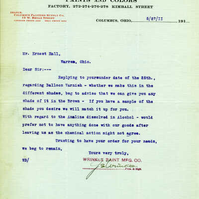 Letter from the Wrinkle Paint MAnufacturing Company