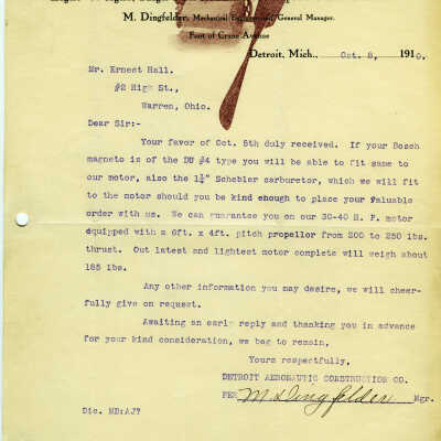 Letter from the Detroit Aeronautic Construction Company