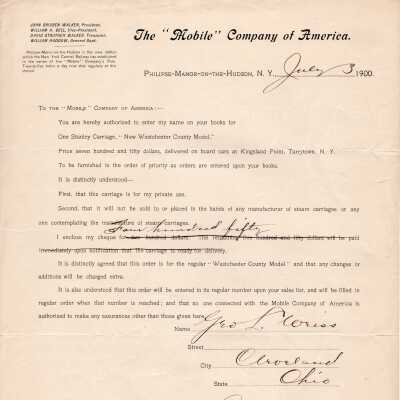 Car Order for George L Weiss from The "Mobile" Company of America July 3, 1900