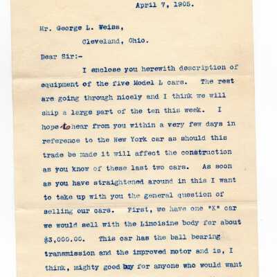 Letter to George L. Weiss from Russell A. Alger Jr, 1905