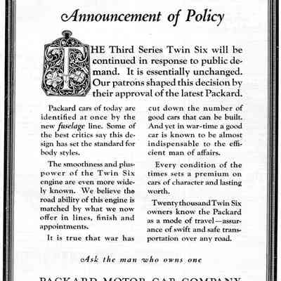 Packard Twin Six Announcement of Policy