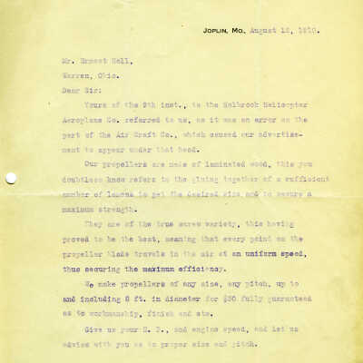 Letter from Holbrook Aero Supply Company