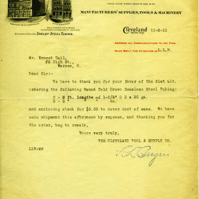 Letter from the Clevelan Tool and Supply Company