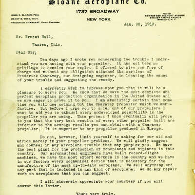 Letter from Sloane Aeroplane Company