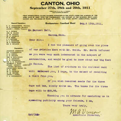 Letter from M. A. Vinson, Director of the International Aviation Meeting