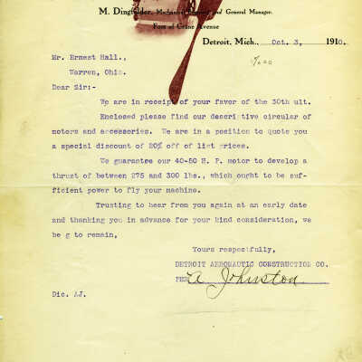 Letter from Detroit Aeronautic Construction Company