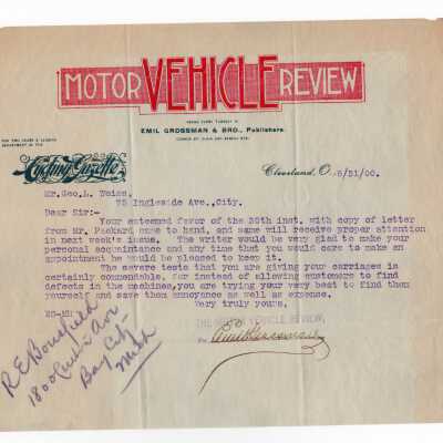 Motor Vehicle Review to George Weiss from Grossman, 1900