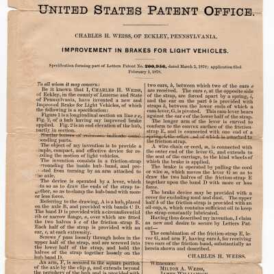 Patent For Brakes for Light Vehicles By Charles H. Weiss, 1878