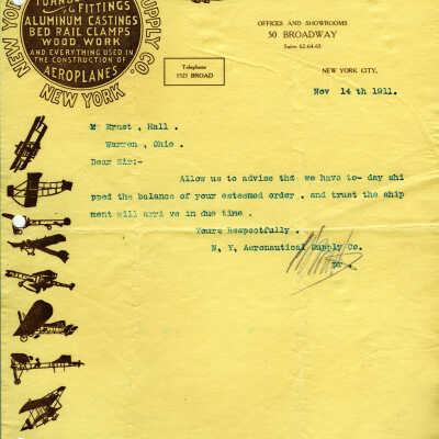 Letter from the New York Aeronautic Supply Company