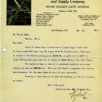 Letter from California Aero Manufacturing and Supply Company