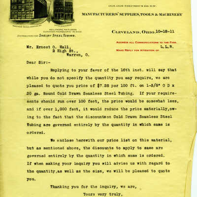 Letter from the Cleveland Tool and Supply Company