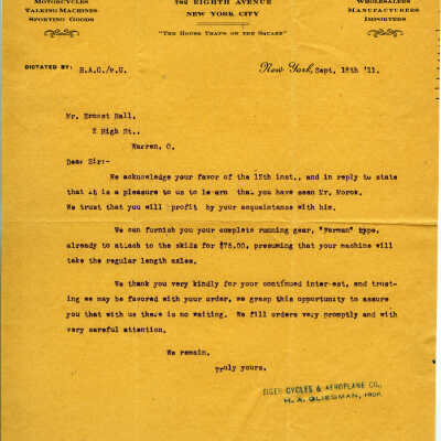 Letter from the Tiger Cycle Works Company