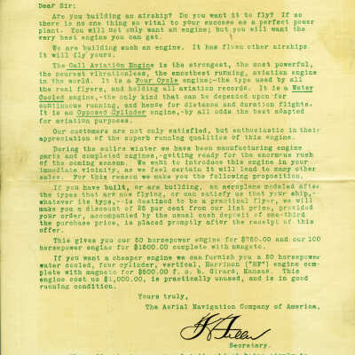 Letter from The Aerial Navigation Company of America