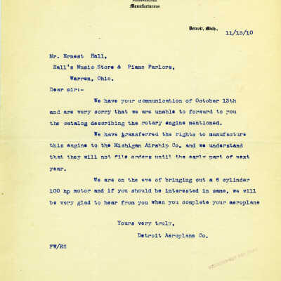 Letter from Detroit Aeroplane Company