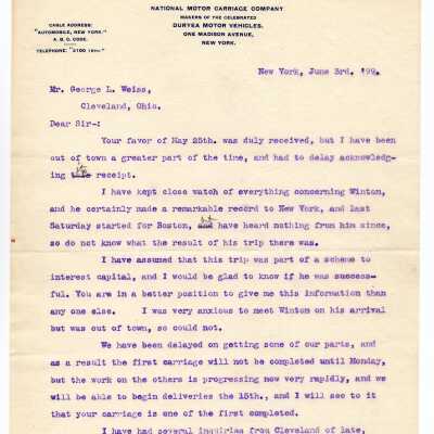 Letter to Weiss from Winslow, progress on Duryea June 3rd, 1899
