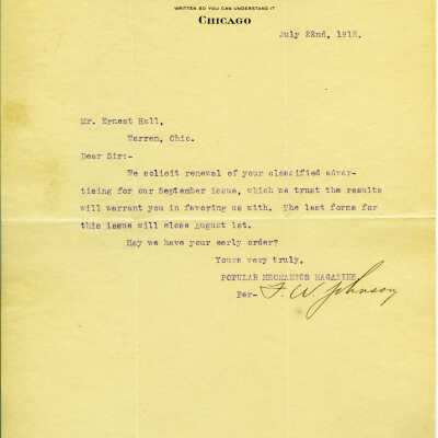 Letter from Popular Mechanics Magazine